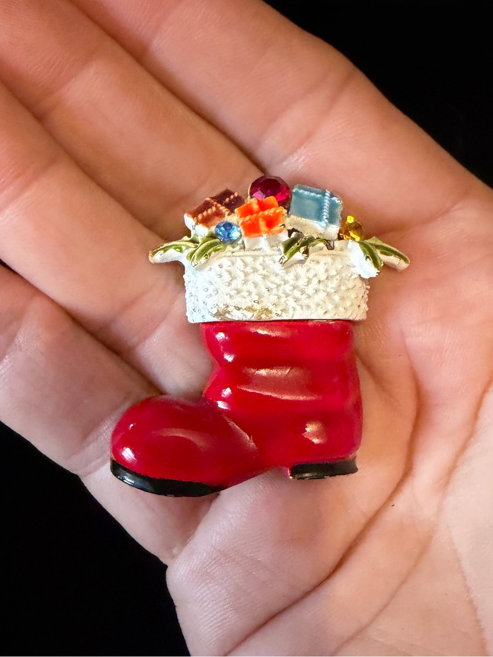 Vintage Enamel And Rhinestone Christmas Santa Boot Stocking Brooch Stamped ART